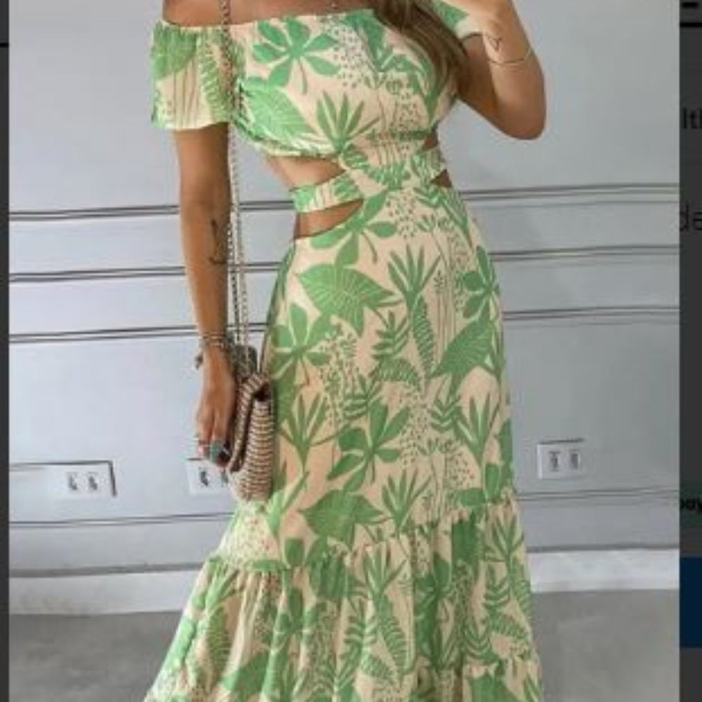 Tropical Print Off Shoulder Cut Out Beachwear Maxi Dress